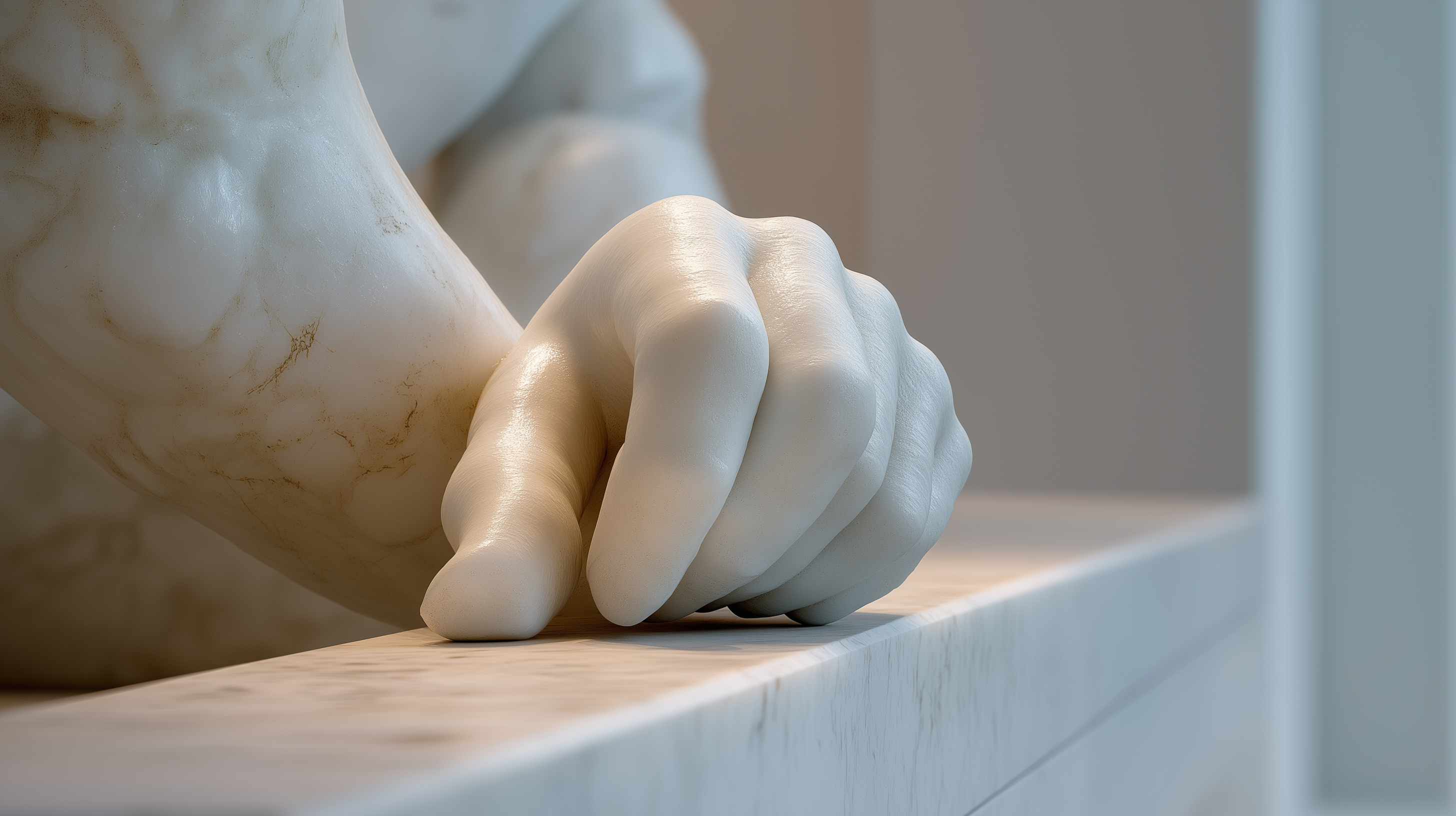 A marble hand resting on a smooth ledge — representing Squire's precise, careful touch in analysing legal documents for risk, gaps, and key clauses