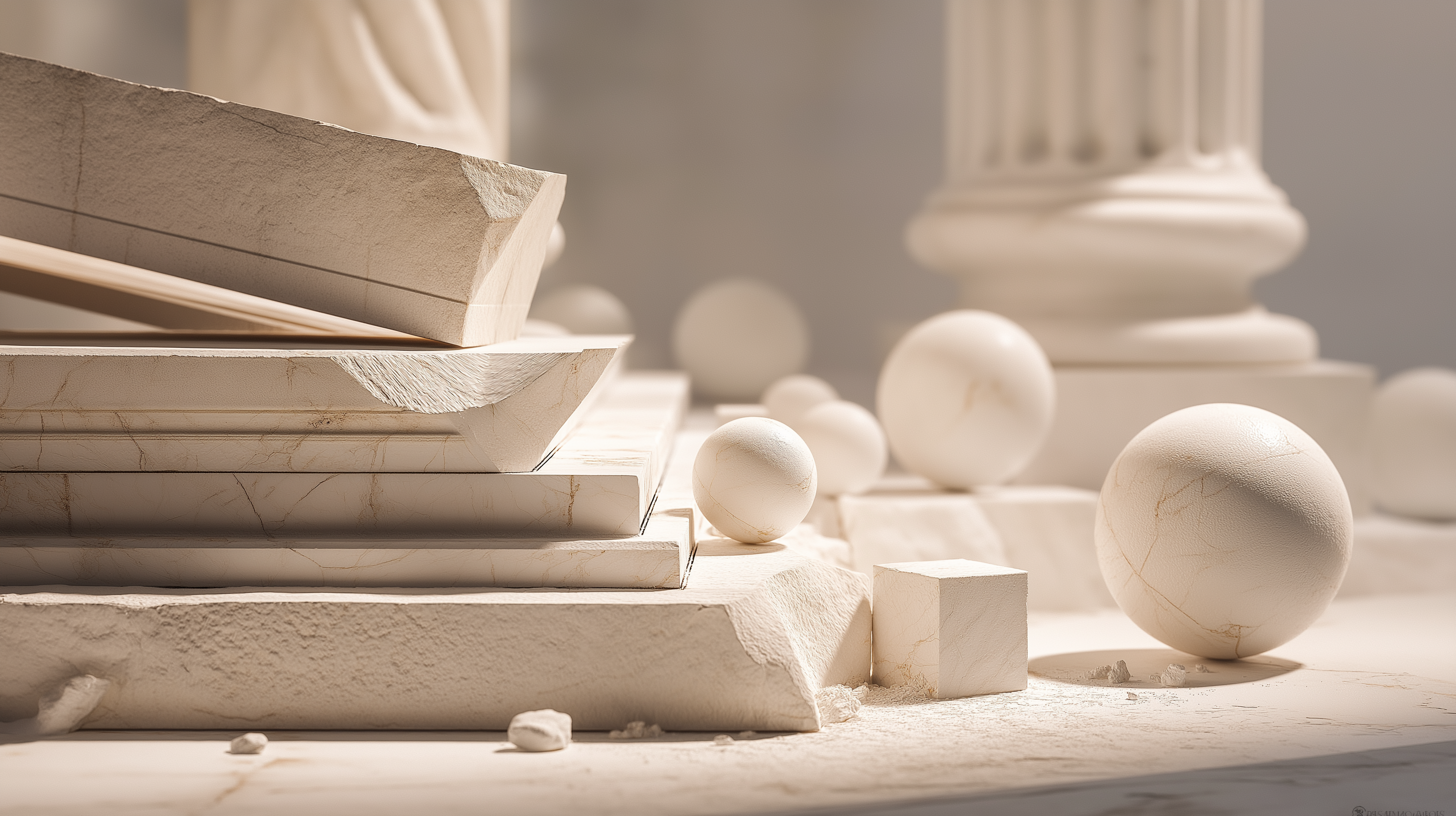Marble slabs, spheres, and a classical column arranged in soft light — representing the structured building blocks Squire uses to draft and refine legal documents
