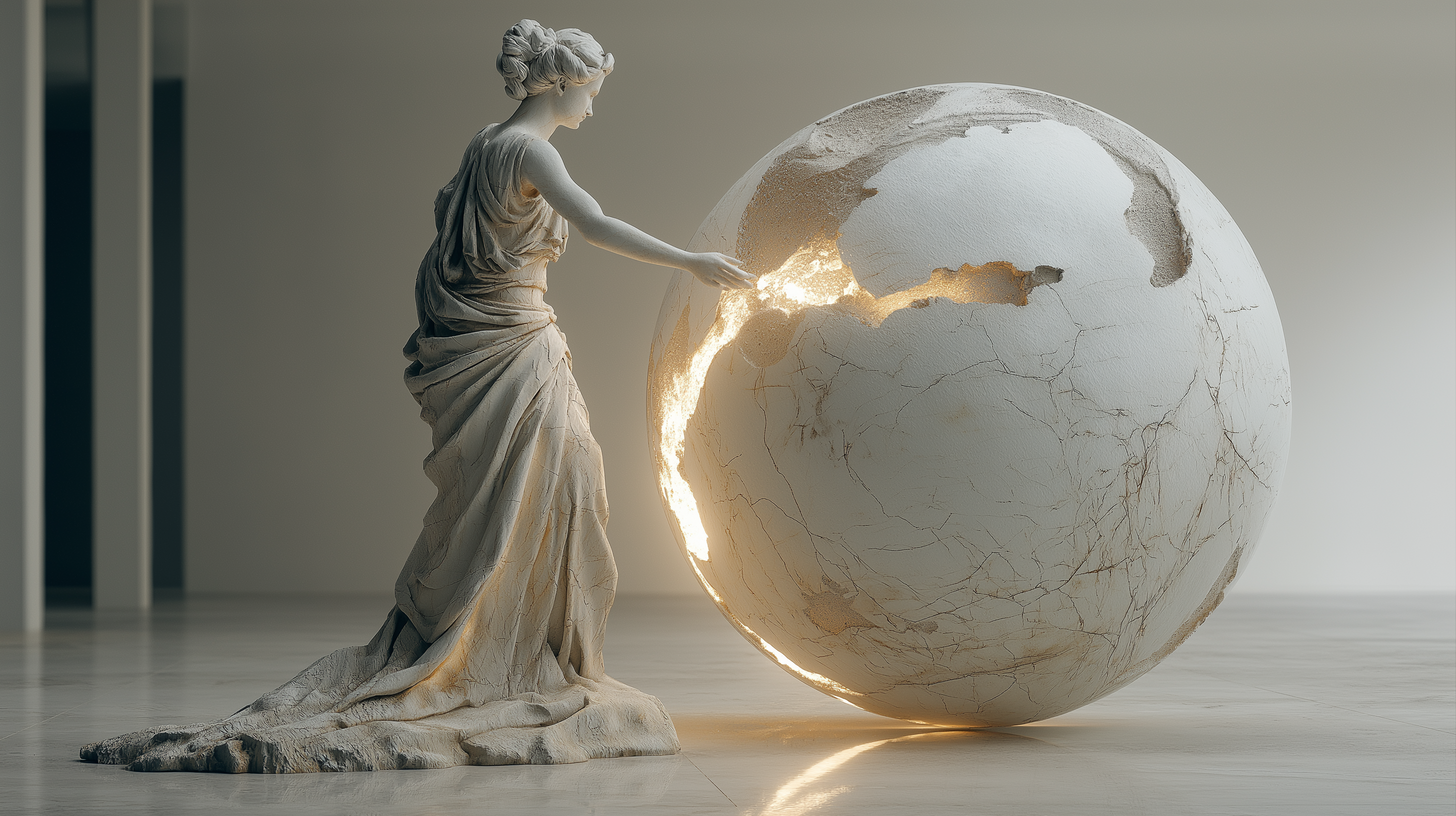 A luminous marble figure draped in flowing robes, glowing from within — representing Squire's deep, authoritative knowledge of your jurisdiction's legal framework